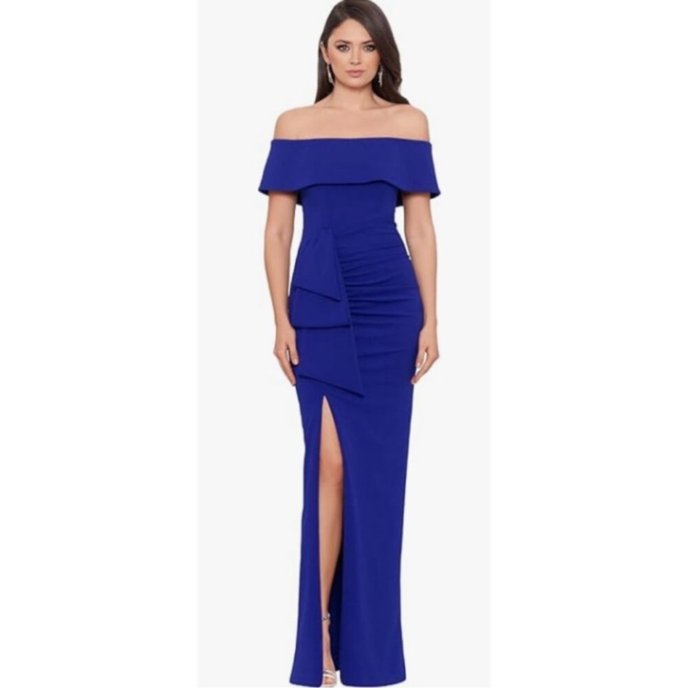 Xscape Blue Off-Shoulder Slit Gown for Prom